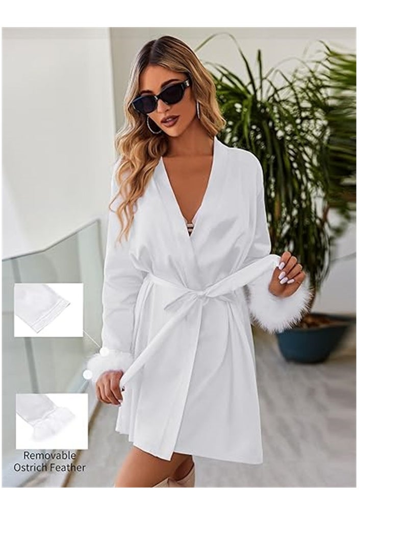 Women's Silky Kimono Robes Bridesmaid Bride Satin Bathrobe Soft Lightweight Kimono Maternity Bathrobe Loungewear Lounging Relaxed Bathrobe for Home Spa White - Image 3