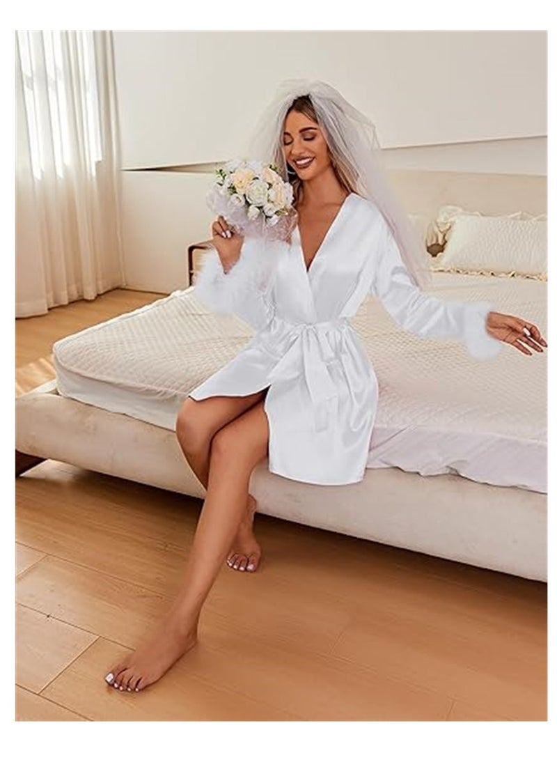 Women's Silky Kimono Robes Bridesmaid Bride Satin Bathrobe Soft Lightweight Kimono Maternity Bathrobe Loungewear Lounging Relaxed Bathrobe for Home Spa White - Image 2