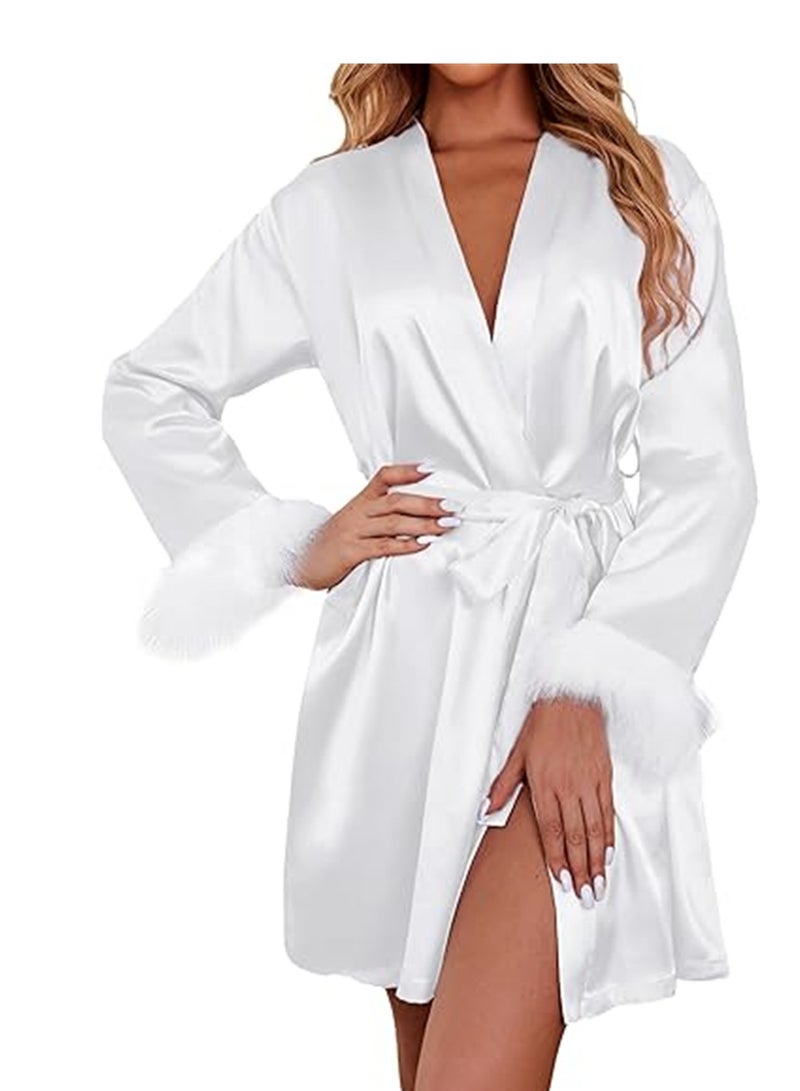 Women's Silky Kimono Robes Bridesmaid Bride Satin Bathrobe Soft Lightweight Kimono Maternity Bathrobe Loungewear Lounging Relaxed Bathrobe for Home Spa White - Image 1