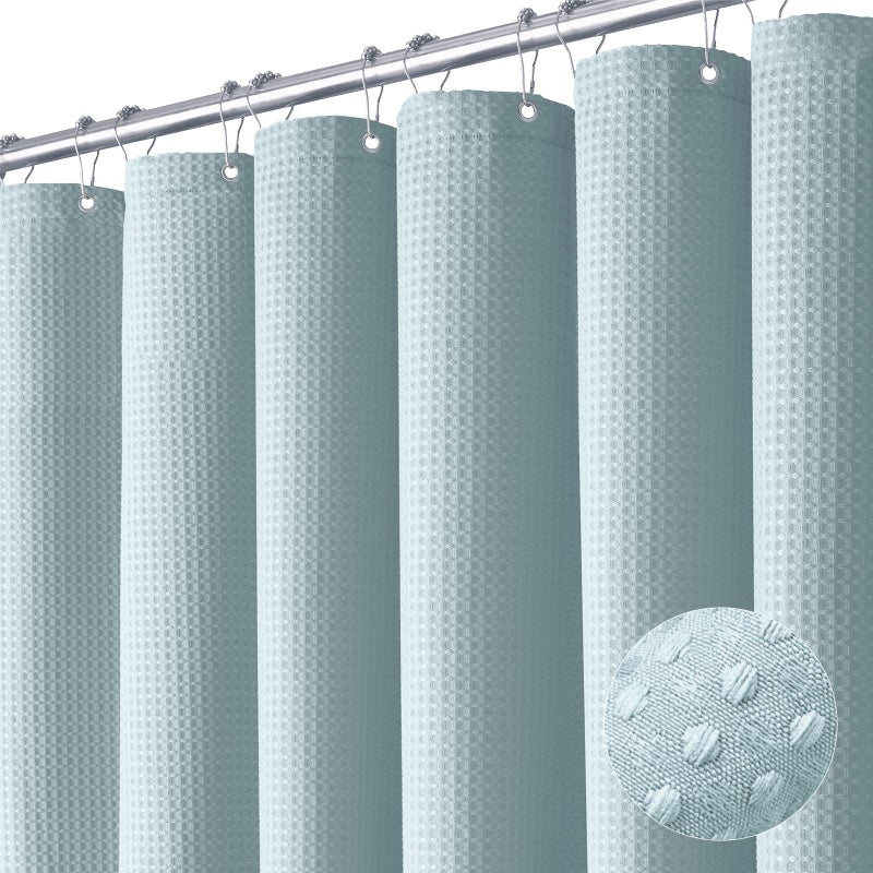 Dynamene Stall Fabric Shower Curtain  36x72 Waffle Weave Heavy Duty Cloth Shower Curtains for Bathroom Neutral Weighted Hotel Spa Luxury Bath Curtain Set with 6 Plastic Hooks Fog Blue