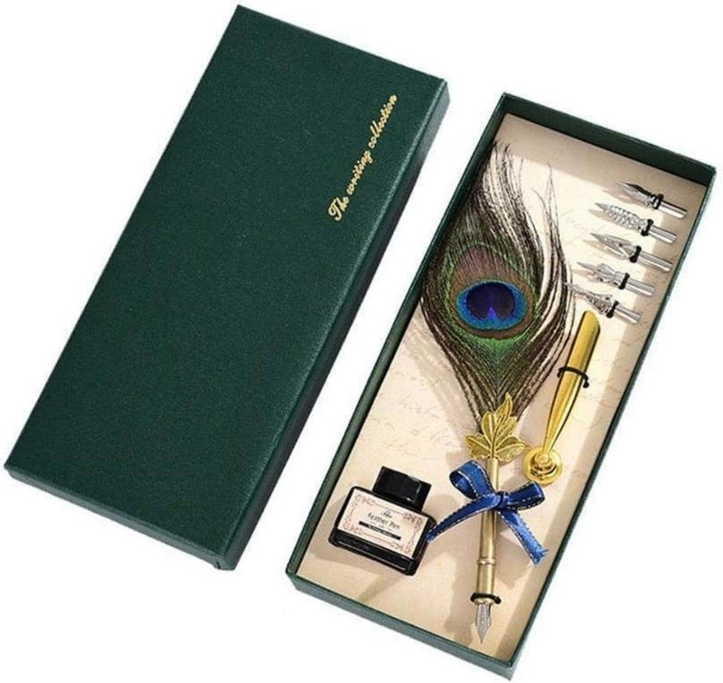SKY-TOUCH Peacock Feather Pen Set: Nice Quill Pen With Metal Pen Handle Cool Calligraphy Pens With Nib Holder Dip Pen For Journaling Gift Desk Decor - Image 1