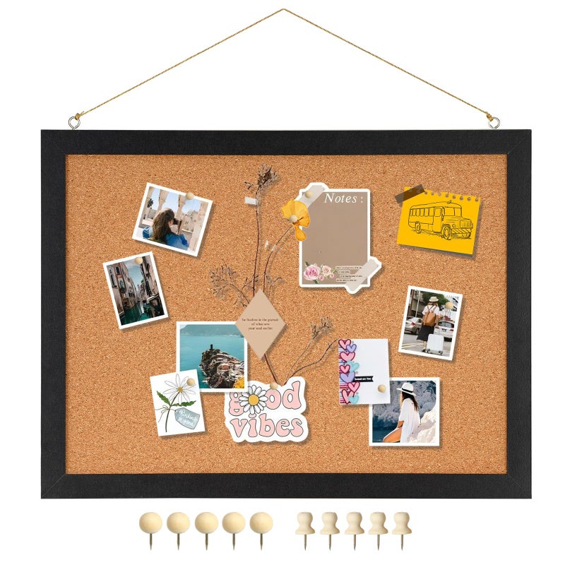 DOLLAR BOSS Cork Bulletin Board 1-Pack 16''X 12'' Double-Sided Cork Boards for Walls Wood Framed Corkboards, Small Pin Board for Home Kitchen Office Decorative Hanging 10 Pushpins, Black - Image 1