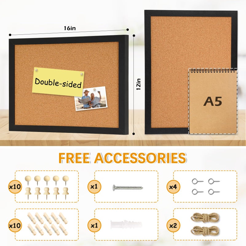 DOLLAR BOSS Cork Bulletin Board 1-Pack 16''X 12'' Double-Sided Cork Boards for Walls Wood Framed Corkboards, Small Pin Board for Home Kitchen Office Decorative Hanging 10 Pushpins, Black - Image 2