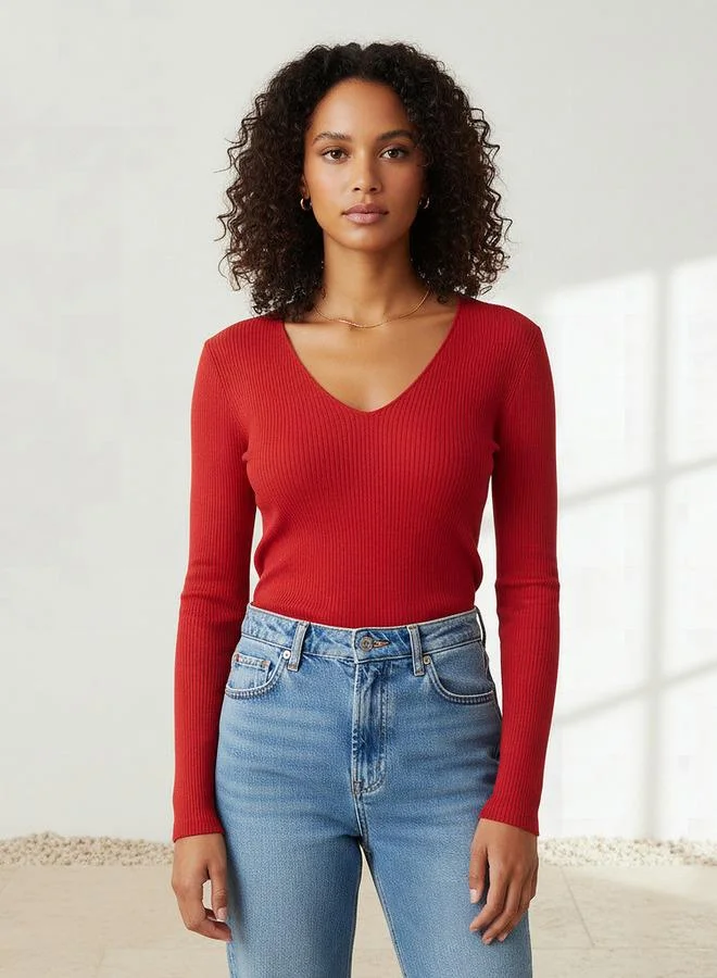 2Xtremz 2Xtremz Regular Fit Ribbed V-neck Tricot Sweater