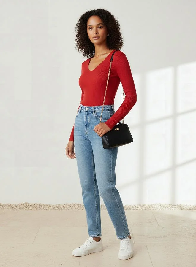 تواكستريمز كنزة تريكو بياقة سبعة وفتحة رقبة مضلعة بقصة عادية