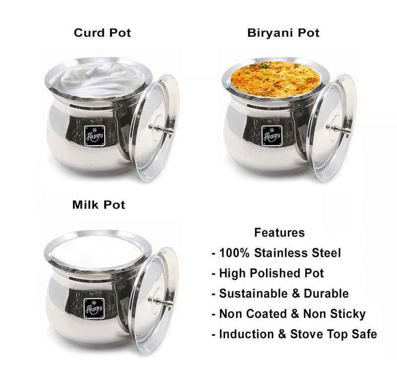 Shopyatri - Gifts For Everyone Happy 700ml Stainless Steel Handi/Biryani Pot/Dahi Handi/Milk Pot with Lid  - Image 3