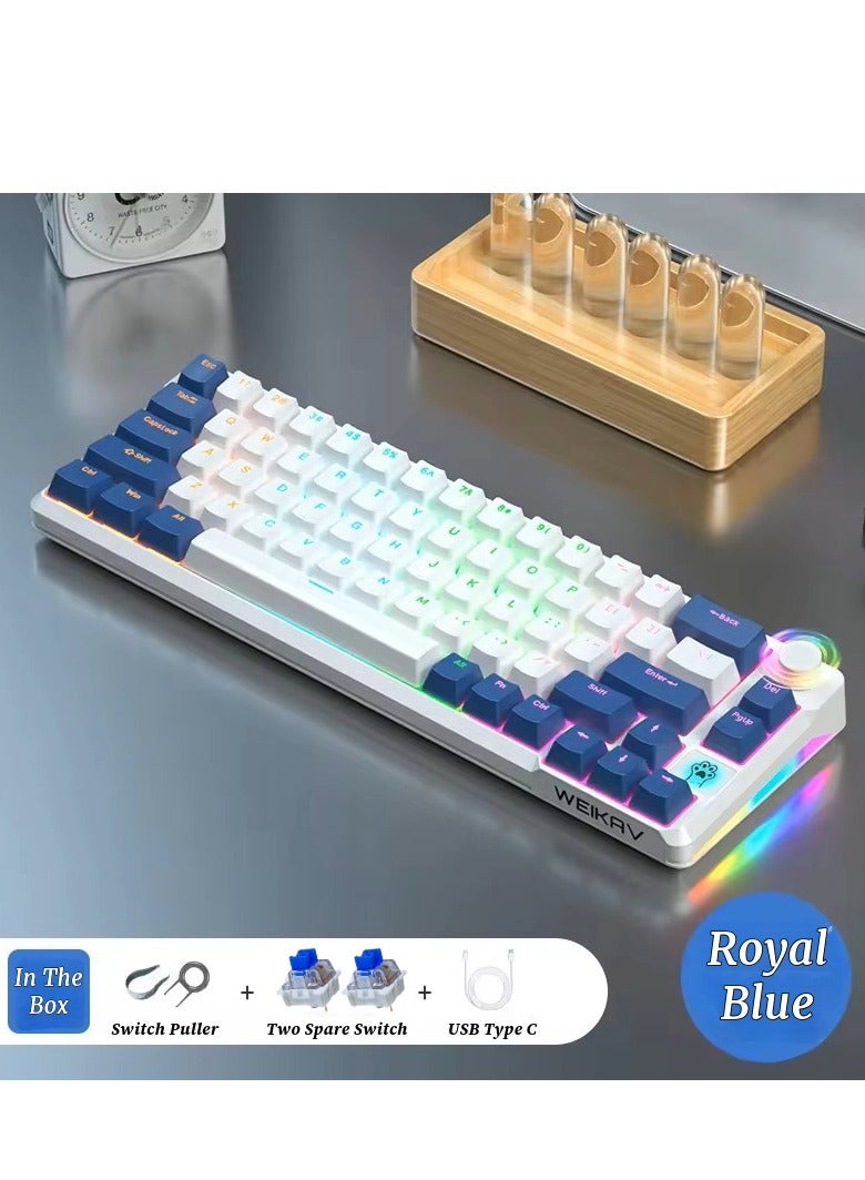 كيبورد العاب ميكانيكي، 68 مفتاح، مفتاح احمر/ازرق، اضواء RGB، عربي، سلكي USB نوع C، مقاوم للماء والغبار ازرق ملكي - مفتاح أزرق - Image 2