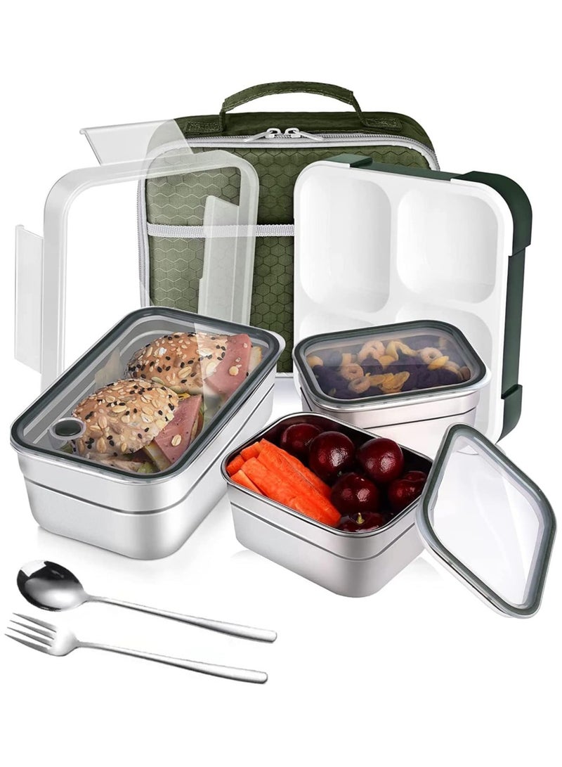 TOMSHOO Stainless Steel Lunch Box for Kids Adults,Insulated Bento Lunch Box with Tableware & Bag,1260ML 3 Compartment Divided Lunch Containers with Lids,Leakproof | BPA Free | Dishwasher Safe（Green） - Image 1