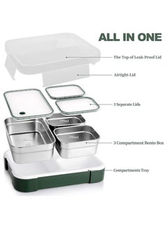 TOMSHOO Stainless Steel Lunch Box for Kids Adults,Insulated Bento Lunch Box with Tableware & Bag,1260ML 3 Compartment Divided Lunch Containers with Lids,Leakproof | BPA Free | Dishwasher Safe（Green）  - Image 2