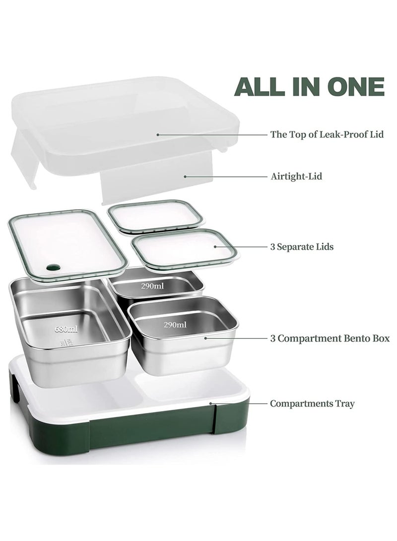 TOMSHOO Stainless Steel Lunch Box for Kids Adults,Insulated Bento Lunch Box with Tableware & Bag,1260ML 3 Compartment Divided Lunch Containers with Lids,Leakproof | BPA Free | Dishwasher Safe（Green） - Image 2