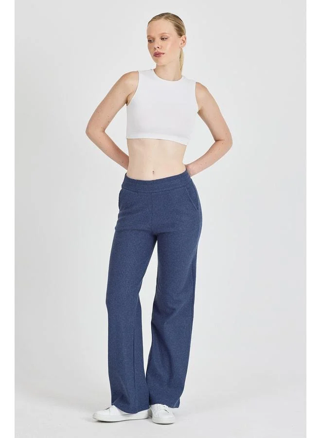 Women's Indigo High-Waist Wide-Leg Khaki-Corselet Pocketed Sweatpants.