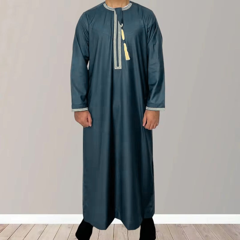 Men's Solid Crew Neck Embroidered Tassel Kaftan Long Sleeve Robe - Image 3