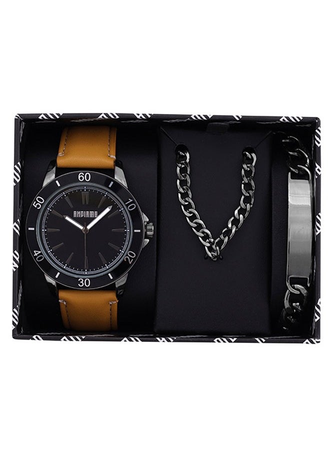 ANDIAMO Men's Analog Black Case Brown Leather Strap Set Watch 