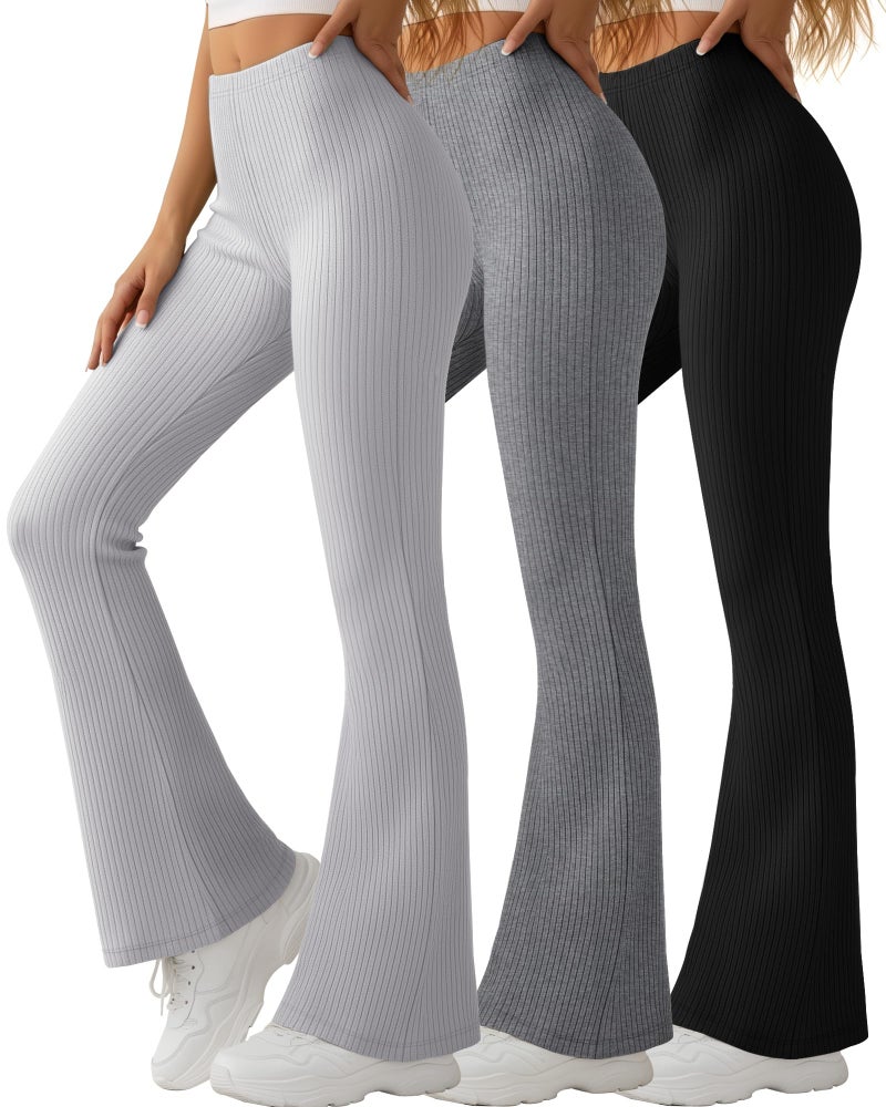 Yearntown 3 Pack Women's Ribbed Flare Yoga Pants High Waist Flare Leggings Casual Bell Bottoms Workout Soft Bootcut Leggings(Black, Dark Gray, Light Gray,Small) - Image 1