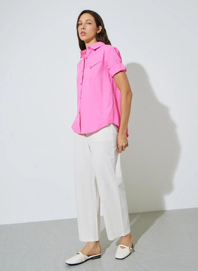 ستايلي Pink Solid Roll-Up Sleeves Pocket Details Shirt