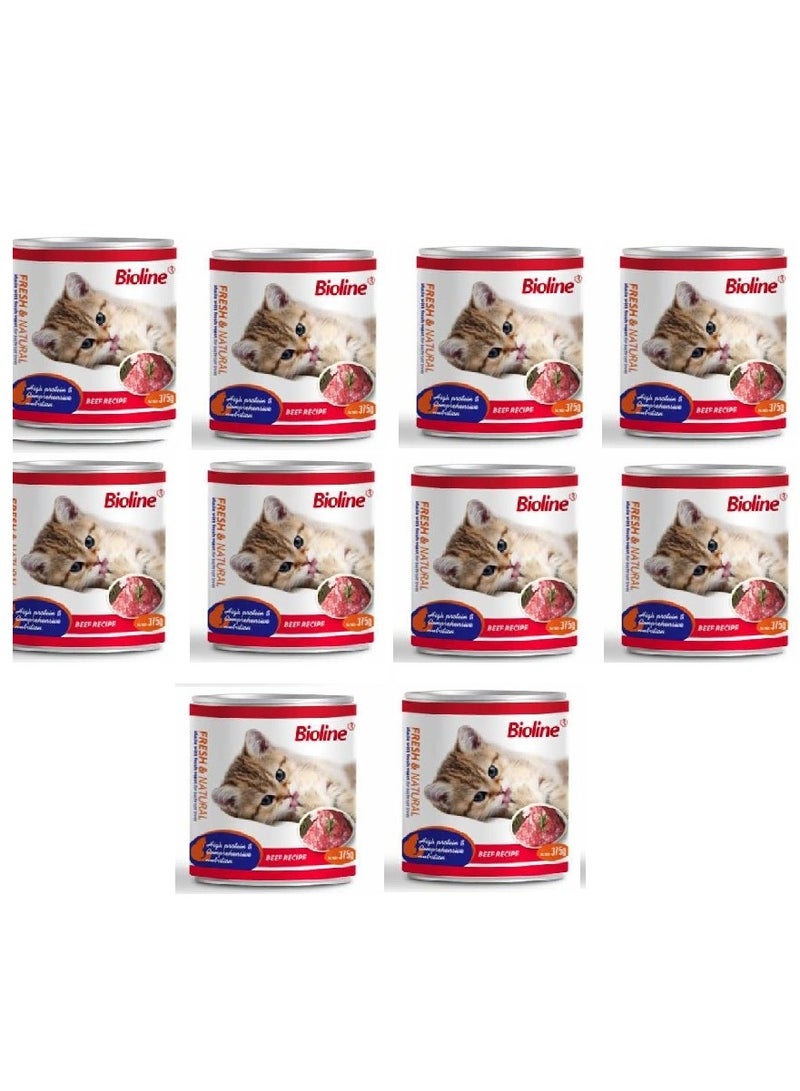 بايولاين 10 قطع من طعام القطط المعلب بنكهة لحم البقر 10x375 جرام