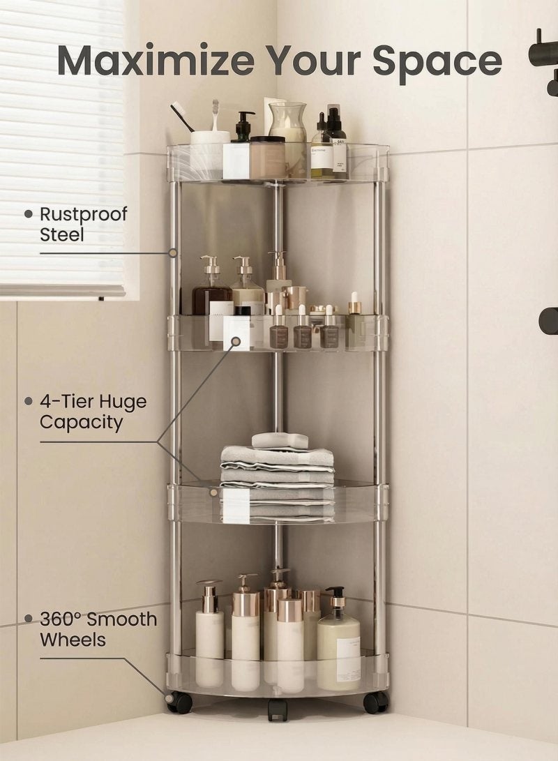 4-Tier Storage Cart, Triangle Corner Shelf Rack, Utility Rolling Cart Kitchen Storage Organizer, Mobile Shelving Unit Cart with Wheels for Bathroom, Laundry, Living Room (Transparent) - Image 3