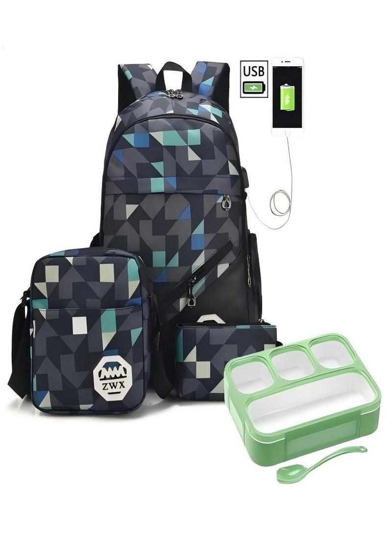 ZWX 4-Piece Back To School USB Student Backpack And Large Lunchbox With Spoon - Image 1