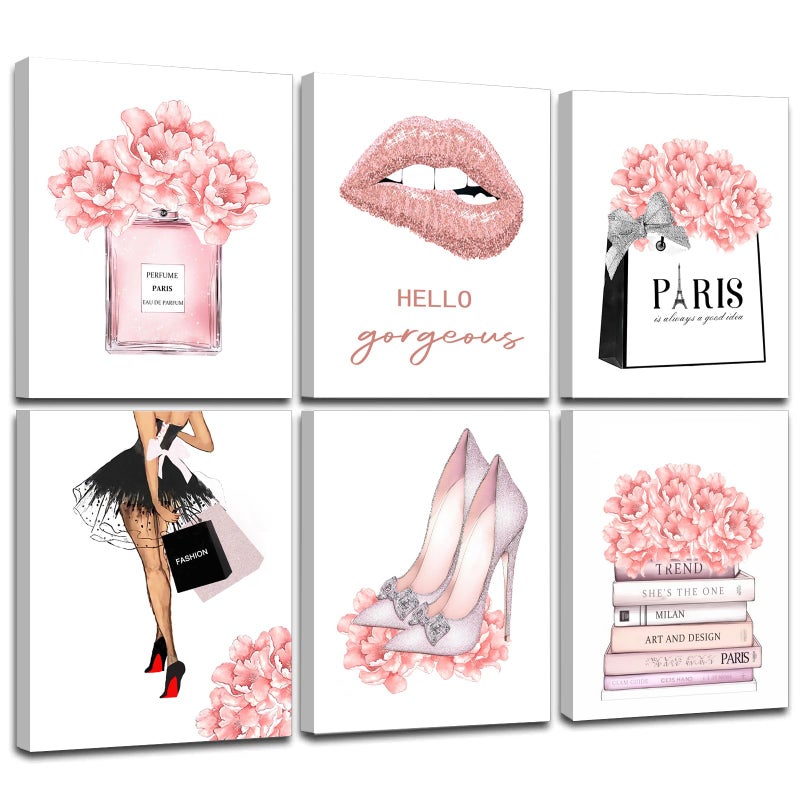 WALTSOM FRAMED Pink Makeup Room Canvas Wall Art, Fashion Woman Picture Wall Decor Paintings, Watercolor Perfume High Heels Lipstick Beauty Room Decor Pictures Arts for Girls Women Room Decor, (Set of 6, 8x10 in, Framed) - Image 1