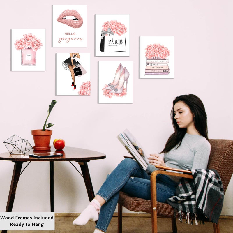 WALTSOM FRAMED Pink Makeup Room Canvas Wall Art, Fashion Woman Picture Wall Decor Paintings, Watercolor Perfume High Heels Lipstick Beauty Room Decor Pictures Arts for Girls Women Room Decor, (Set of 6, 8x10 in, Framed) - Image 3