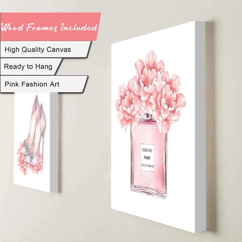 WALTSOM FRAMED Pink Makeup Room Canvas Wall Art, Fashion Woman Picture Wall Decor Paintings, Watercolor Perfume High Heels Lipstick Beauty Room Decor Pictures Arts for Girls Women Room Decor, (Set of 6, 8x10 in, Framed) - Image 2
