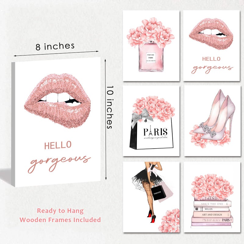 WALTSOM FRAMED Pink Makeup Room Canvas Wall Art, Fashion Woman Picture Wall Decor Paintings, Watercolor Perfume High Heels Lipstick Beauty Room Decor Pictures Arts for Girls Women Room Decor, (Set of 6, 8x10 in, Framed) - Image 5