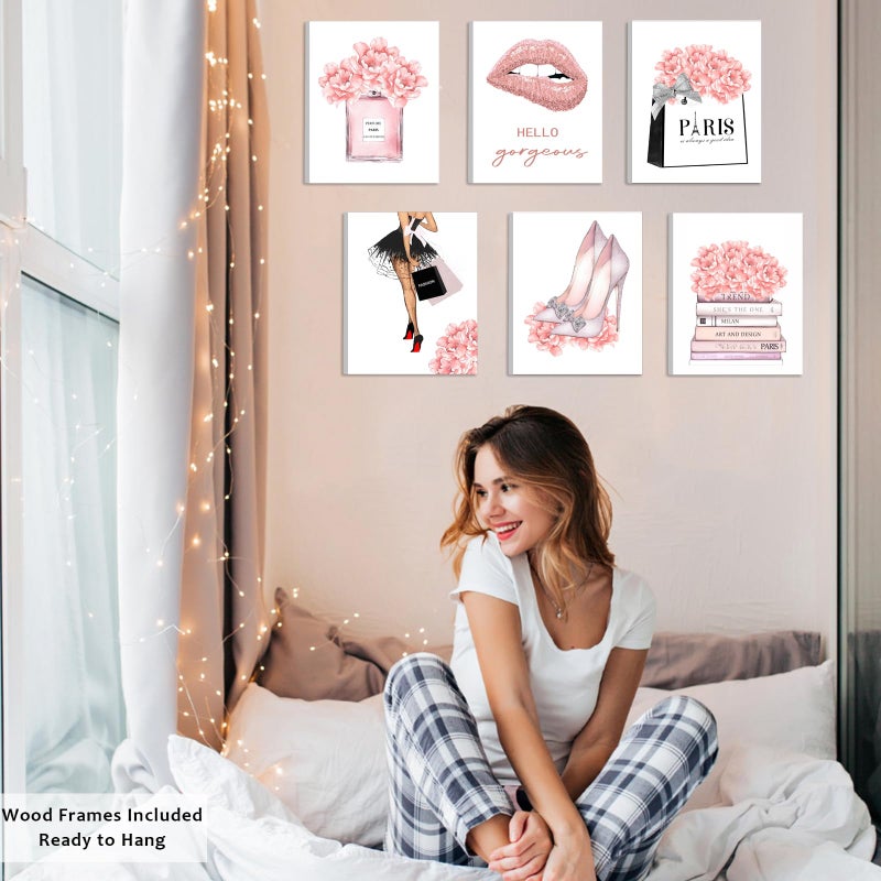 WALTSOM FRAMED Pink Makeup Room Canvas Wall Art, Fashion Woman Picture Wall Decor Paintings, Watercolor Perfume High Heels Lipstick Beauty Room Decor Pictures Arts for Girls Women Room Decor, (Set of 6, 8x10 in, Framed) - Image 4