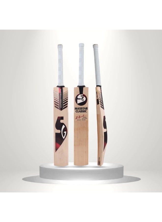 SG Maxstar Classic English Willow Cricket Bat Size 5 - Premium Traditionally Shaped Junior Hard Pressed Leather Ball Bat With Cane Handle - Image 1