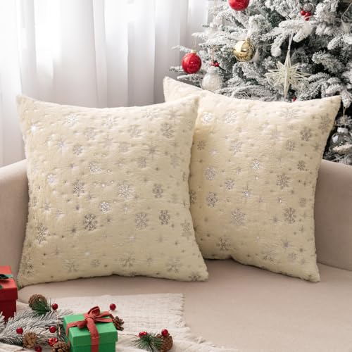 MIULEE Set of 2 Christmas Decorative Throw Pillow Covers Soft Faux Fur Winter Pillow Covers with Silver Snowflake Glitter Holiday Festival Pillowcases for Couch Sofa Bed 2020inch Beige
