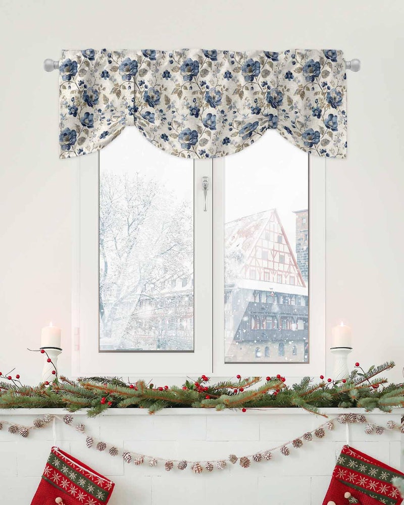 AMZRicher Blue Gray Spring Floral Tie Up Valance for Window, Vintage Botanical Adjustable Balloon Window Shade Valance Curtain for Kitchen Cafe Bathroom Window Treatment Panel 54''x18'' - Image 5