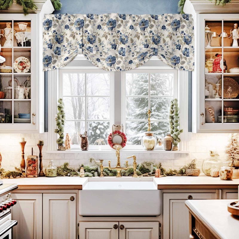 AMZRicher Blue Gray Spring Floral Tie Up Valance for Window, Vintage Botanical Adjustable Balloon Window Shade Valance Curtain for Kitchen Cafe Bathroom Window Treatment Panel 54''x18'' - Image 2