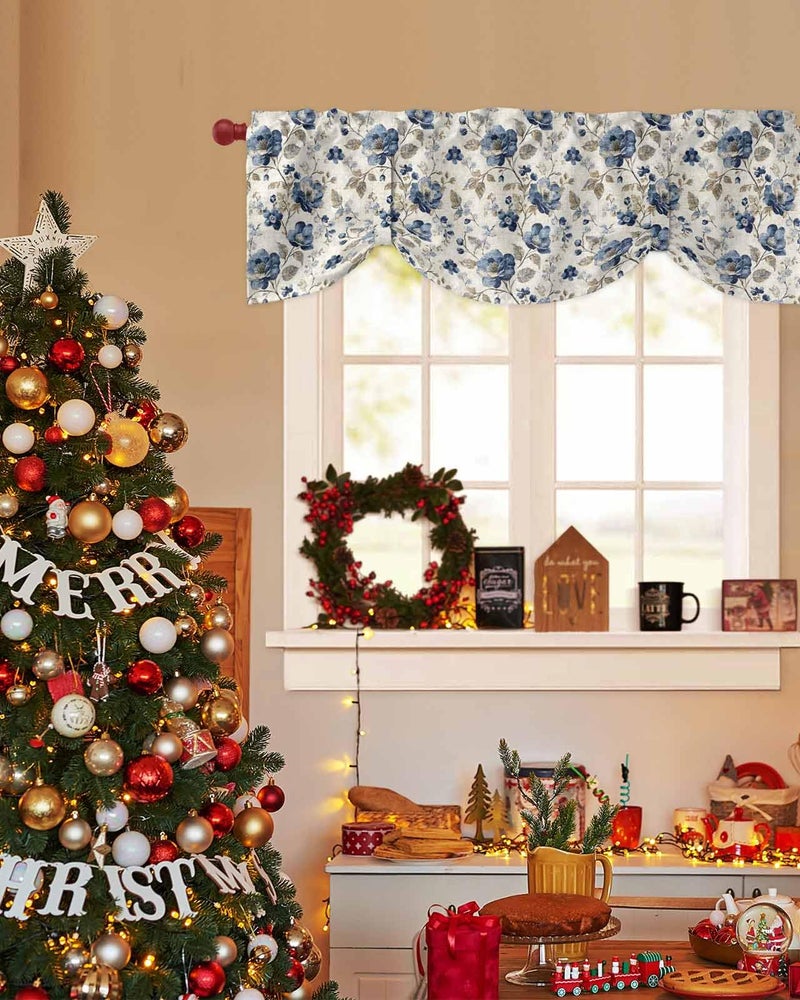 AMZRicher Blue Gray Spring Floral Tie Up Valance for Window, Vintage Botanical Adjustable Balloon Window Shade Valance Curtain for Kitchen Cafe Bathroom Window Treatment Panel 54''x18'' - Image 3