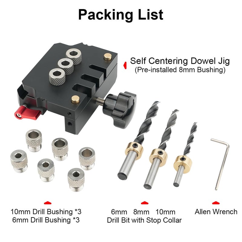 TOOLCOOL Self Centering Dowel Jig Kit Woodworking Doweling Jig Creates Edge Corner and Surface Joints with Drill Bits Steel Bushings Stop Collars for 6mm 8mm 10mm Dowel Pins - Image 2