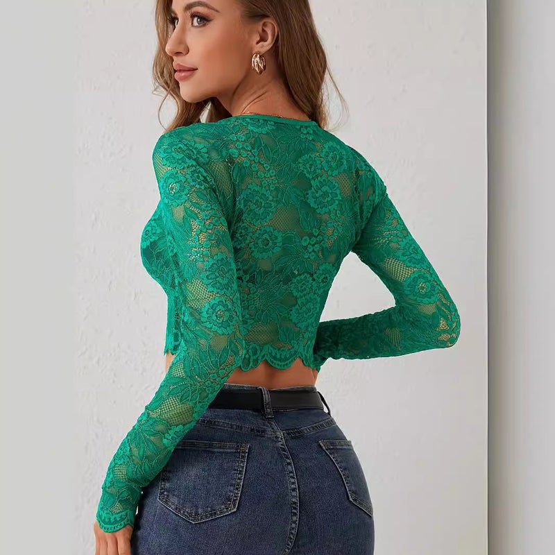 بلوزة دانتيل نسائية بأكمام طويلة، بقصة ضيقة، طول قصير - Image 2