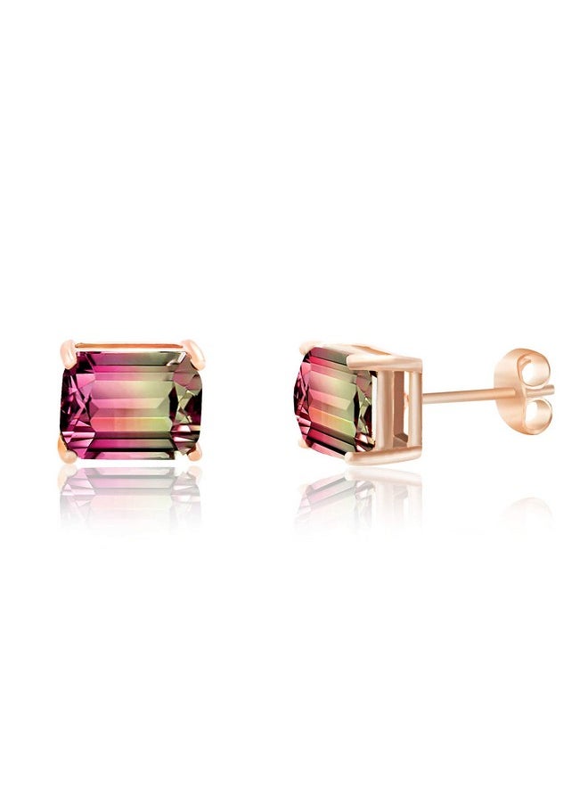Devin Rose - Rose Gold Plated Sterling Silver Emerald Shaped Simulated Watermelon Tourmaline Stud Earrings For Women Horizontal - Image 1