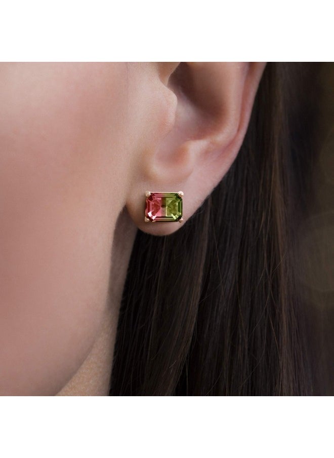 Devin Rose - Rose Gold Plated Sterling Silver Emerald Shaped Simulated Watermelon Tourmaline Stud Earrings For Women Horizontal - Image 1