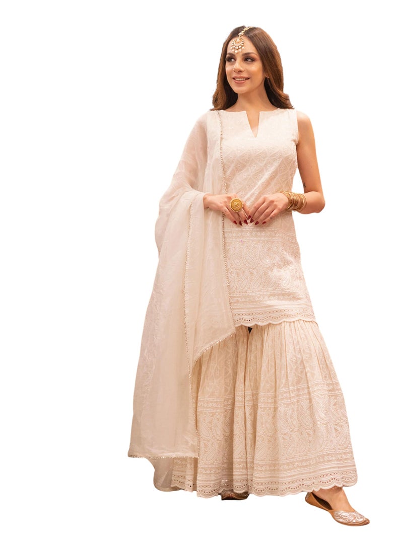 Royal Export Women's Paisley Embroidered Cotton Kurta Sets | sharara Set for Women |Anarkali Gown with Dupatta | Dresses for Girls-L White - Image 1