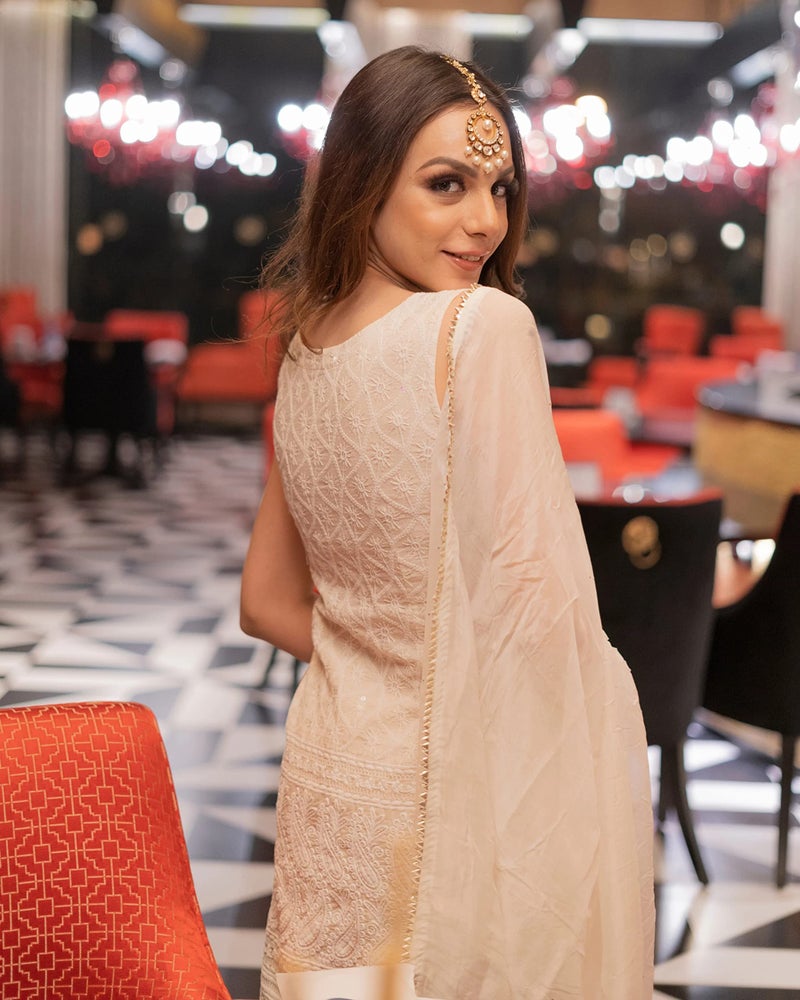 Royal Export Women's Paisley Embroidered Cotton Kurta Sets | sharara Set for Women |Anarkali Gown with Dupatta | Dresses for Girls-L White - Image 4