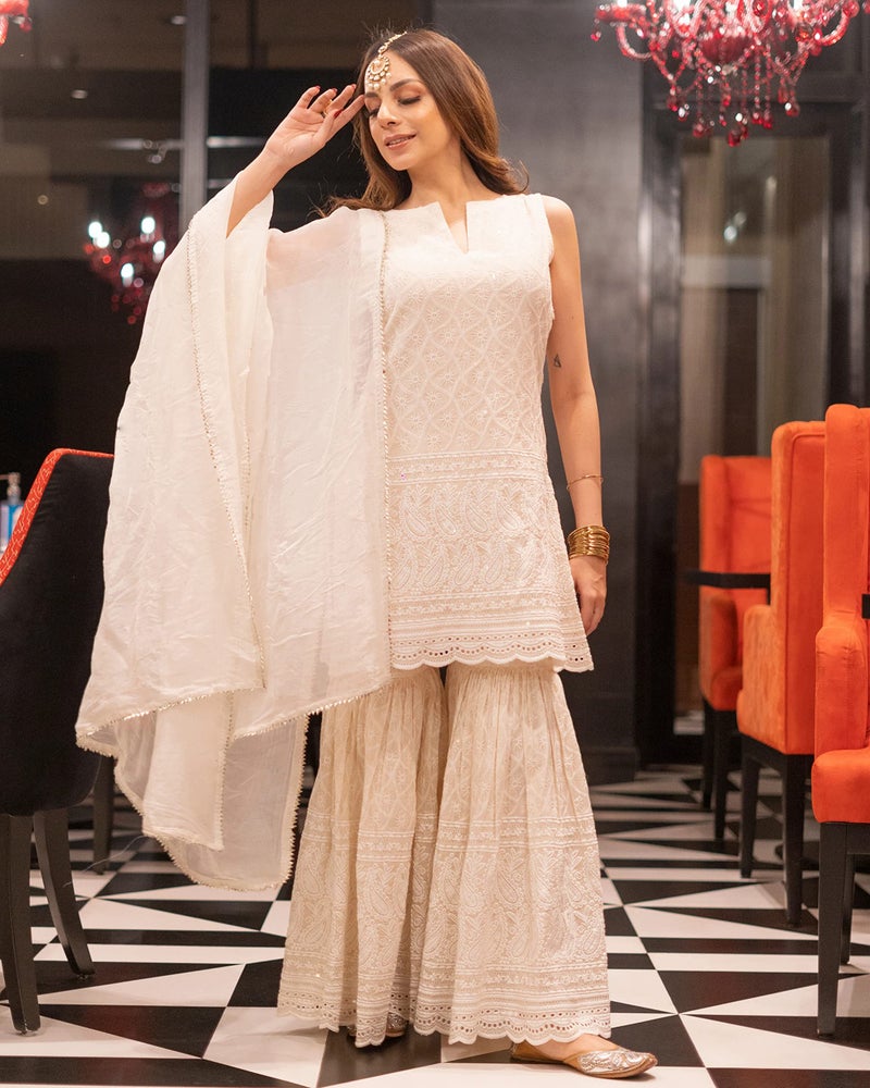 Royal Export Women's Paisley Embroidered Cotton Kurta Sets | sharara Set for Women |Anarkali Gown with Dupatta | Dresses for Girls-L White - Image 3
