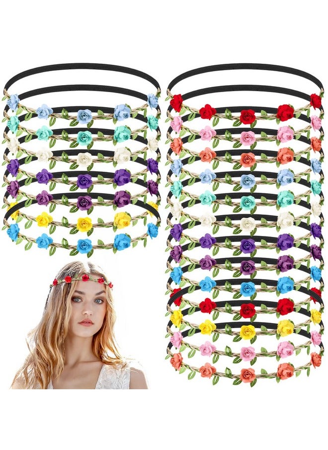 Chuangdi 50 Pcs Multicolor Flower Headband Flower Crowns Wreath Headband Garland Floral Headband With Elastic Bohemian Fairy Ribbon Floral Crown Headpiece Hair Band Accessories For Girl Women Wedding Vacation  - Image 2