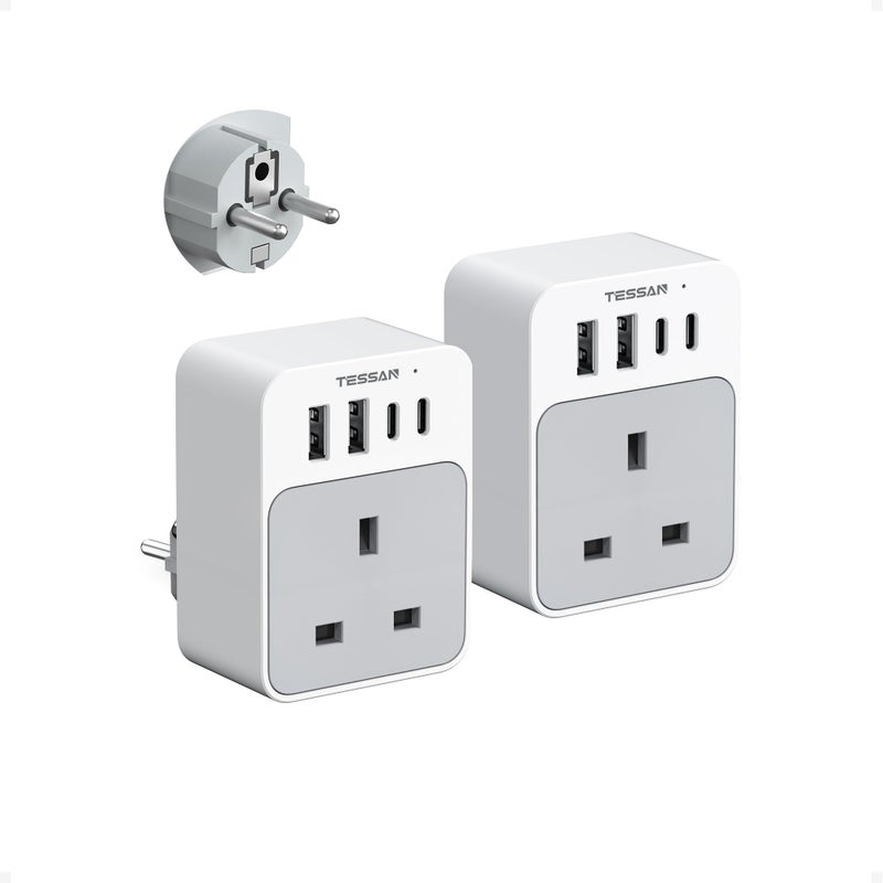 تيسان TESSAN UK to European Plug Adapter 2 Pack, EU Travel Plugs with USB C - Image 1