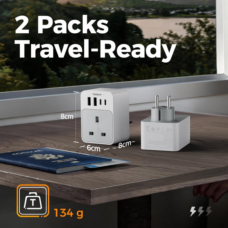 تيسان TESSAN UK to European Plug Adapter 2 Pack, EU Travel Plugs with USB C - Image 5