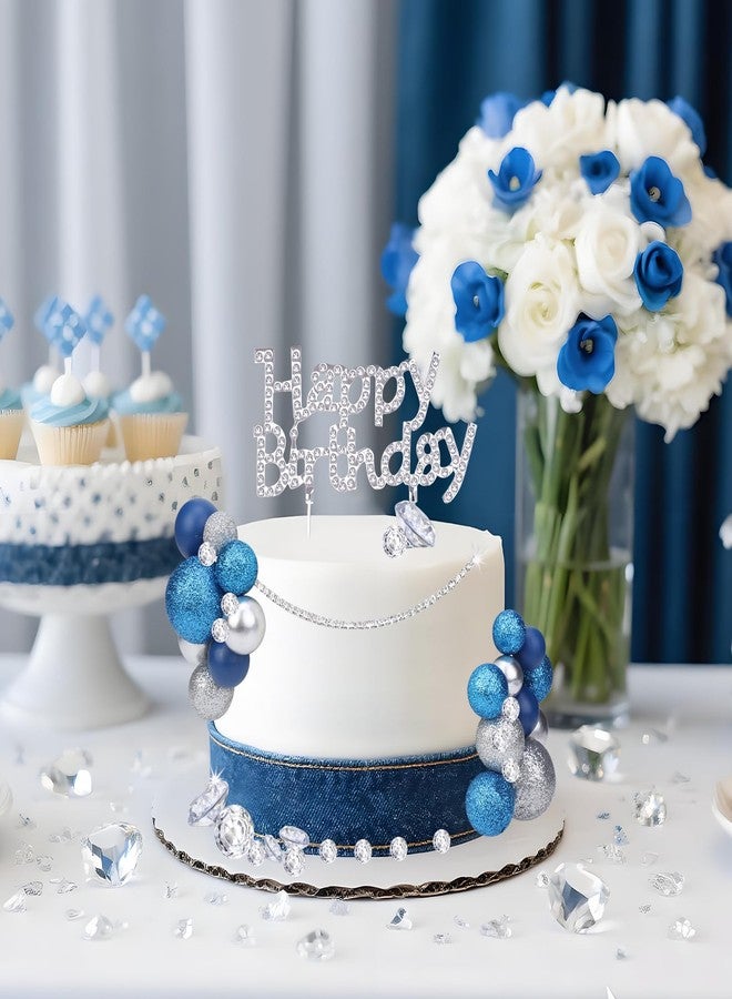 CORNER LACE CORNER LAC Denim and Diamonds Themed Birthday Cake Decorations, Artificial Flowers Cake Decor Blue/White, Rhinestone Ribbon Happy Birthday Dessert Topper Diy Craft - Image 4