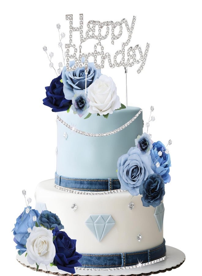 CORNER LACE CORNER LAC Denim and Diamonds Themed Birthday Cake Decorations, Artificial Flowers Cake Decor Blue/White, Rhinestone Ribbon Happy Birthday Dessert Topper Diy Craft - Image 1