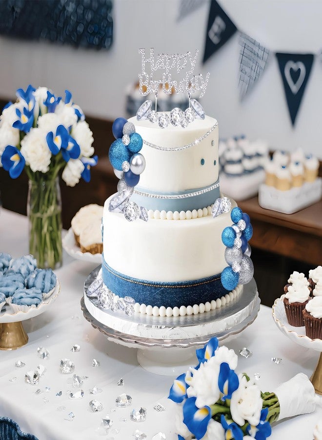 CORNER LACE CORNER LAC Denim and Diamonds Themed Birthday Cake Decorations, Artificial Flowers Cake Decor Blue/White, Rhinestone Ribbon Happy Birthday Dessert Topper Diy Craft - Image 2