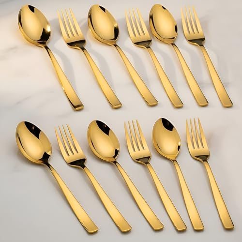 Parage 12 Pieces Stainless Steel Golden Spoon & Fork Set, 19 cm Each, Premium Cutlery Set for Home & Kitchen, PVD Gold Flatware, Elegant Dining (6 Table Spoons & 6 Table Forks) - Image 1