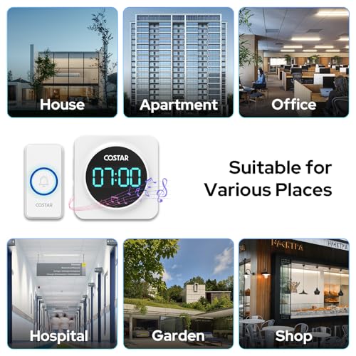 Costar Door Bell - Calling Bell Wireless with 24-Hour Time Display, Wireless Doorbell for Home, 1000ft Range Operating with 58 Chimes, 5 Levels Adjustable Volume(Pebble 700 White) - Image 5