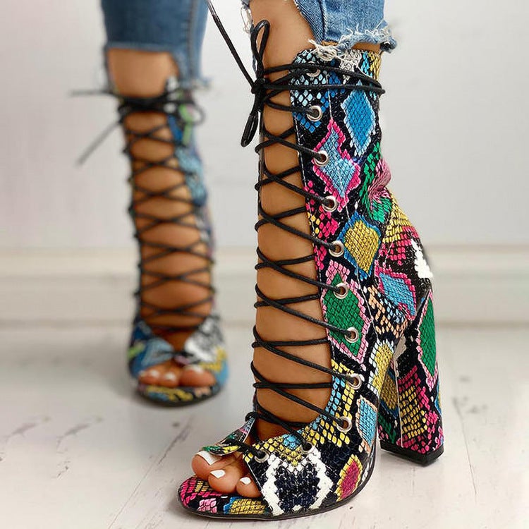 F101299 Style 2020 Summer Cross Strap Snake Pattern 40-43 Thick Heel Large Size Women'S Sandals Independent Station - Image 4