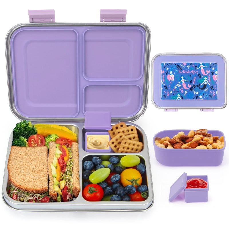 MaMix Kids Lunch Box Stainless Steel,3 Compartments Leak-Proof Bento Box for Kids for Sandwich, Lunch Containers Freezer Safe (purple) - Image 1