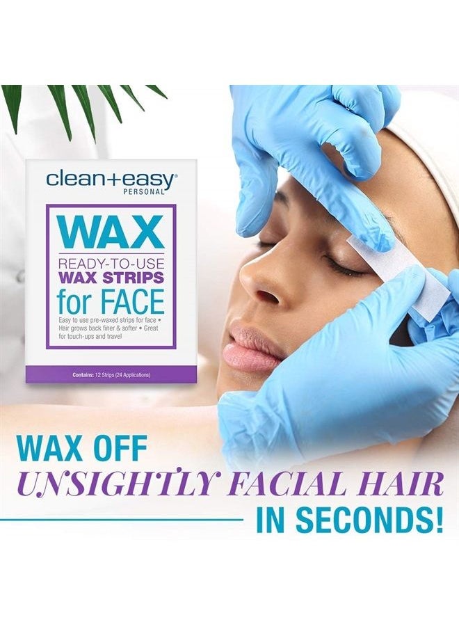 Clean + Easy Ready- To- Use Wax Strips For Facial Waxing, No Heating Required, Great For Unsightly Hair Removal Touch-Ups, 12 Ct. 